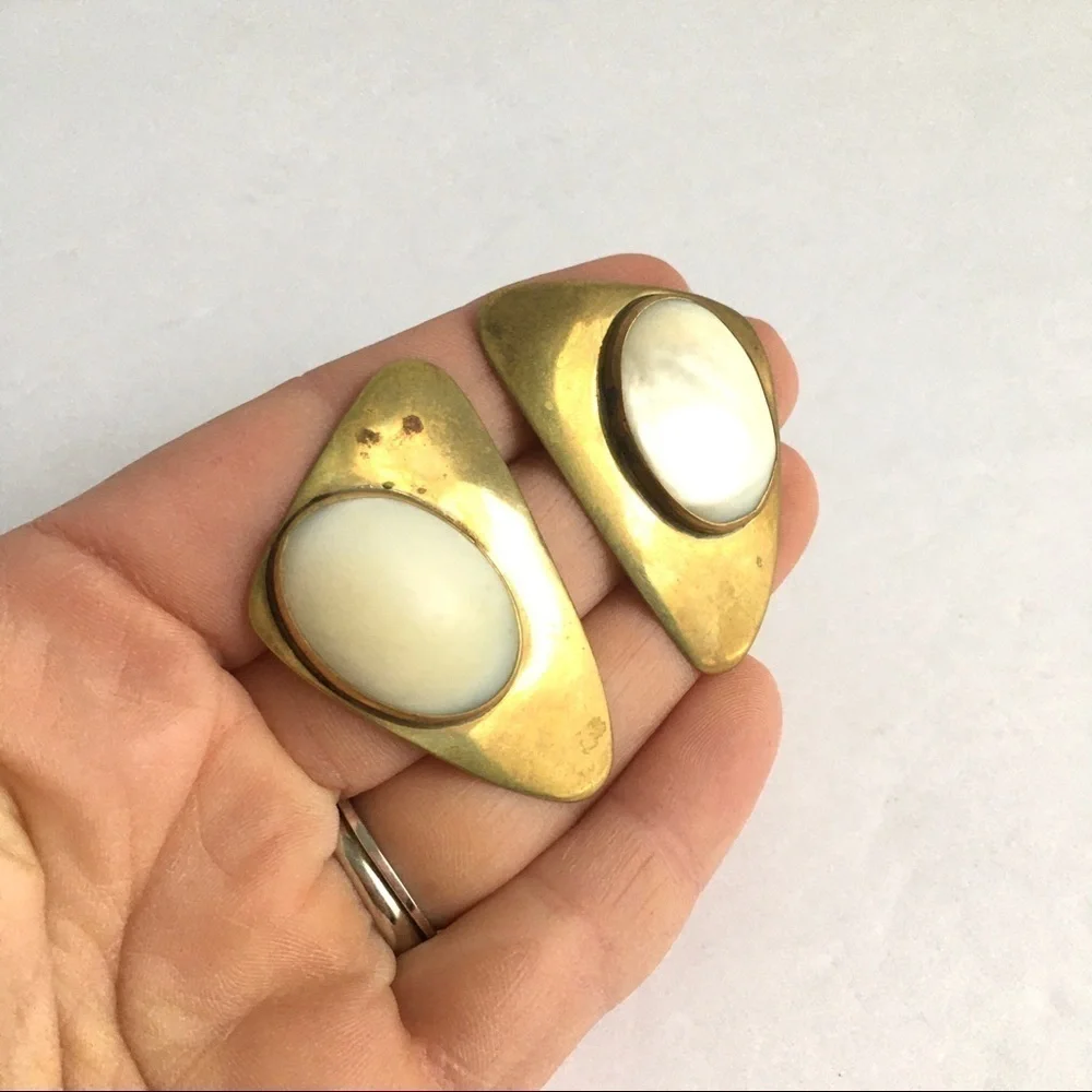 Vintage Modernist Earrings‎ Brass Audrey Schenk Sculptural Maximalist Designer